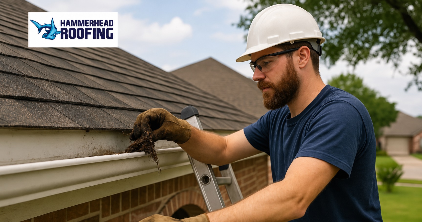 Roofing contractor cleaning gutter