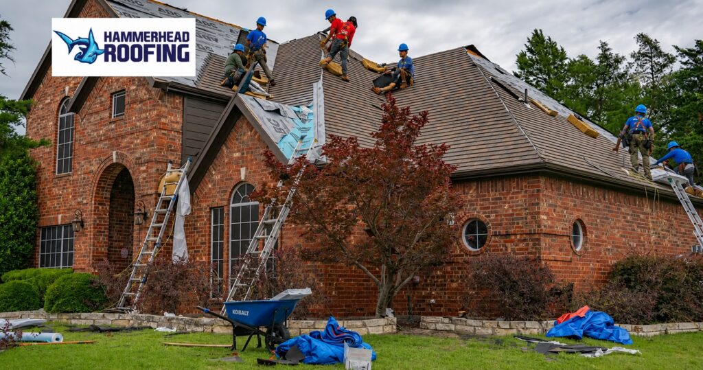 Roofing contractors installing a new roof on a brick home